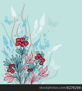 Green decorative floral background with berries and butterflies