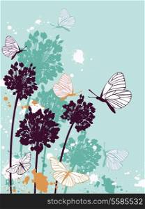 Green decorative floral background with butterflies