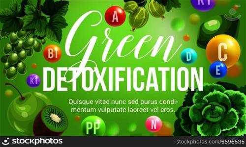 Green diet healthy eating and detoxification nutrition program. Vector poster of vitamins and minerals in green vegetable salads food, berries and tropical exotic fruits. Green diet vector natural detoxification vitamins