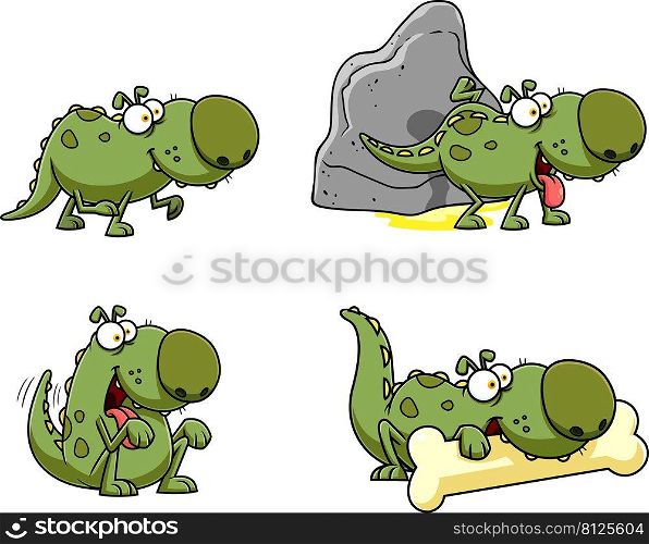 Green Dino Dog Cartoon Character. Vector Hand Drawn Collection Set Isolated On White Background