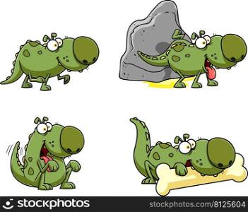 Green Dino Dog Cartoon Character. Vector Hand Drawn Collection Set Isolated On White Background