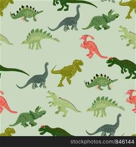 Green dinosaurs seamless pattern on light green background. Flat style dinosaur character illustration. Cute hand drawn sketch style textile, wrapping paper, background design. . Green dinosaurs seamless pattern on light green background