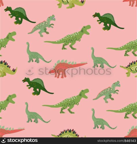 Green dinosaurs seamless pattern on pink background. Flat style character illustration. Cute hand drawn sketch style textile, wrapping paper, background design. . Green dinosaurs seamless pattern on pink background