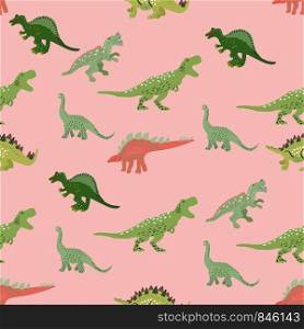 Green dinosaurs seamless pattern on pink background. Flat style character illustration. Cute hand drawn sketch style textile, wrapping paper, background design. . Green dinosaurs seamless pattern on pink background