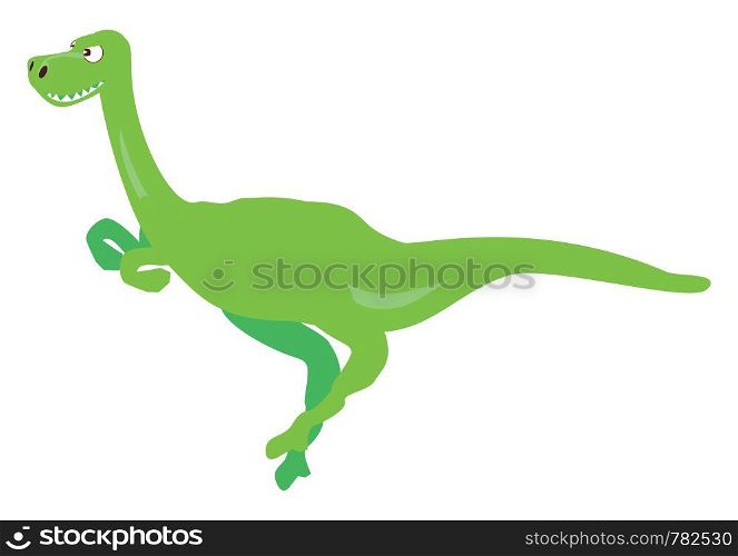 Green diplodocus dinosaur with long tail, teeth showing and eyes looks angry., vector, color drawing or illustration.