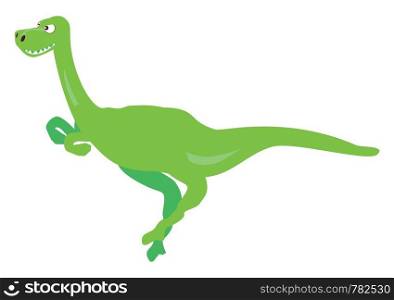 Green diplodocus dinosaur with long tail, teeth showing and eyes looks angry., vector, color drawing or illustration.