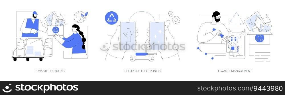 Green disposal in computing abstract concept vector illustration set. E-waste recycling, refurbish old electronics, e-waste management, electronical device reuse and repair abstract metaphor.. Green disposal in computing abstract concept vector illustrations.