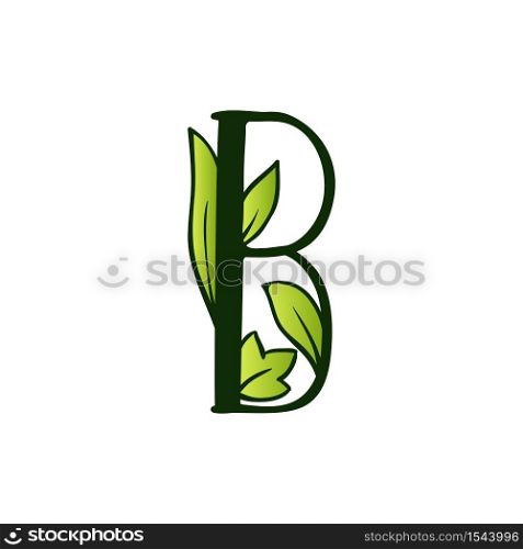 Green Doodling Eco Alphabet Letter B.Type with Leaves. Isolated Latin Uppercase. Typography Bold Spring Letter or Doodle abc Characters for Monogram Words and Logo.. Doodling Eco Alphabet Letter B.Type with Leaves. Isolated Latin Uppercase