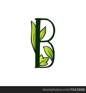 Green Doodling Eco Alphabet Letter B.Type with Leaves. Isolated Latin Uppercase. Typography Bold Spring Letter or Doodle abc Characters for Monogram Words and Logo.. Doodling Eco Alphabet Letter B.Type with Leaves. Isolated Latin Uppercase