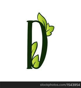 Green Doodling Eco Alphabet Letter D.Type with Leaves. Isolated Latin Uppercase. Typography Bold Spring Letter or Doodle abc Characters for Monogram Words and Logo.. Doodling Eco Alphabet Letter D.Type with Leaves. Isolated Latin Uppercase