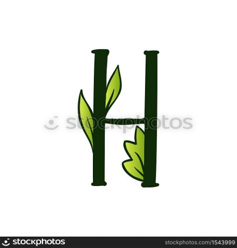 Green Doodling Eco Alphabet Letter H.Type with Leaves. Isolated Latin Uppercase. Typography Bold Spring Letter or Doodle abc Characters for Monogram Words and Logo.. Doodling Eco Alphabet Letter H.Type with Leaves. Isolated Latin Uppercase