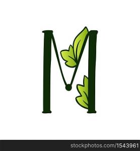 Green Doodling Eco Alphabet Letter M.Type with Leaves. Isolated Latin Uppercase. Typography Bold Spring Letter or Doodle abc Characters for Monogram Words and Logo.. Doodling Eco Alphabet Letter M.Type with Leaves. Isolated Latin Uppercase