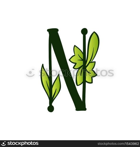 Green Doodling Eco Alphabet Letter N.Type with Leaves. Isolated Latin Uppercase. Typography Bold Spring Letter or Doodle abc Characters for Monogram Words and Logo.. Doodling Eco Alphabet Letter N.Type with Leaves. Isolated Latin Uppercase