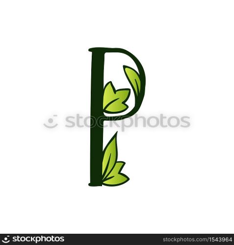 Green Doodling Eco Alphabet Letter P.Type with Leaves. Isolated Latin Uppercase. Typography Bold Spring Letter or Doodle abc Characters for Monogram Words and Logo.. Doodling Eco Alphabet Letter P.Type with Leaves. Isolated Latin Uppercase