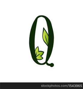 Green Doodling Eco Alphabet Letter Q.Type with Leaves. Isolated Latin Uppercase. Typography Bold Spring Letter or Doodle abc Characters for Monogram Words and Logo.. Doodling Eco Alphabet Letter Q.Type with Leaves. Isolated Latin Uppercase