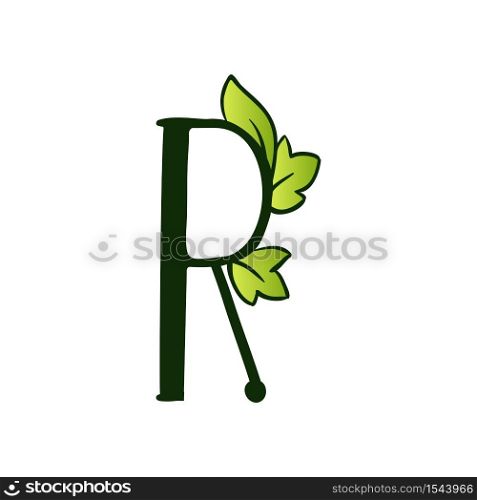 Green Doodling Eco Alphabet Letter R.Type with Leaves. Isolated Latin Uppercase. Typography Bold Spring Letter or Doodle abc Characters for Monogram Words and Logo.. Doodling Eco Alphabet Letter R.Type with Leaves. Isolated Latin Uppercase