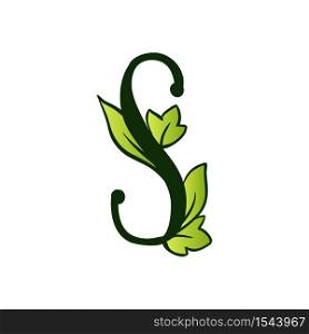 Green Doodling Eco Alphabet Letter S.Type with Leaves. Isolated Latin Uppercase. Typography Bold Spring Letter or Doodle abc Characters for Monogram Words and Logo.. Doodling Eco Alphabet Letter S.Type with Leaves. Isolated Latin Uppercase