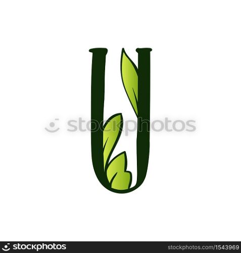 Green Doodling Eco Alphabet Letter U.Type with Leaves. Isolated Latin Uppercase. Typography Bold Spring Letter or Doodle abc Characters for Monogram Words and Logo.. Doodling Eco Alphabet Letter U.Type with Leaves. Isolated Latin Uppercase
