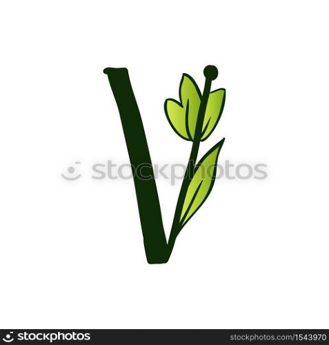 Green Doodling Eco Alphabet Letter V.Type with Leaves. Isolated Latin Uppercase. Typography Bold Spring Letter or Doodle abc Characters for Monogram Words and Logo.. Doodling Eco Alphabet Letter V.Type with Leaves. Isolated Latin Uppercase