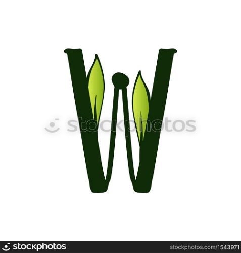 Green Doodling Eco Alphabet Letter W.Type with Leaves. Isolated Latin Uppercase. Typography Bold Spring Letter or Doodle abc Characters for Monogram Words and Logo.. Doodling Eco Alphabet Letter W.Type with Leaves. Isolated Latin Uppercase