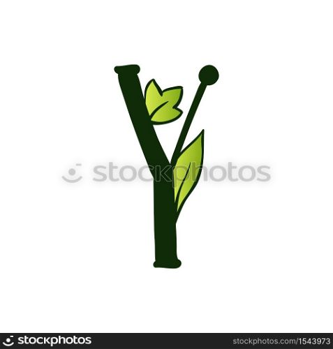 Green Doodling Eco Alphabet Letter Y.Type with Leaves. Isolated Latin Uppercase. Typography Bold Spring Letter or Doodle abc Characters for Monogram Words and Logo.. Doodling Eco Alphabet Letter Y.Type with Leaves. Isolated Latin Uppercase