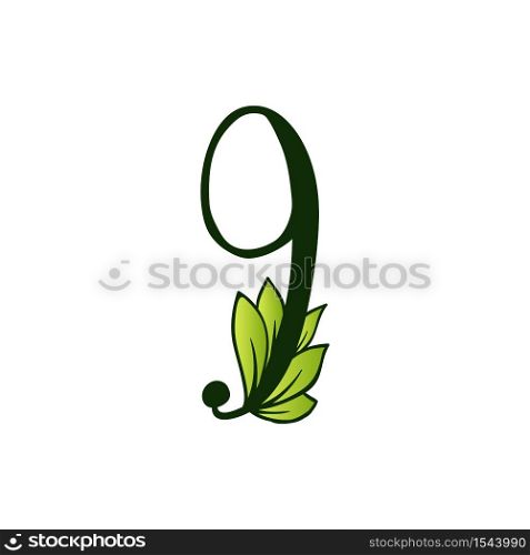 Green Doodling Eco Alphabet Nine Number.Type with Leaves. Isolated Latin Uppercase. Typography Bold Spring Letter or Doodle abc Characters for Monogram Words and Logo.. Doodling Eco Alphabet Nine Number.Type with Leaves. Isolated Latin Uppercase