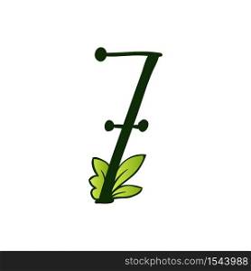 Green Doodling Eco Alphabet Number Seven Sign.Type with Leaves. Isolated Latin Uppercase. Typography Bold Spring Letter or Doodle abc Characters for Monogram Words and Logo.. Doodling Eco Alphabet Number Seven.Type with Leaves. Isolated Latin Uppercase