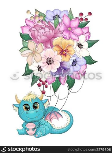 Green dragon and flying bouquet, new year card 2024 with dragon and flowers. Anemones, peonies, pansies, magnolia. 2024 New Year’s card template with dragon and flowers