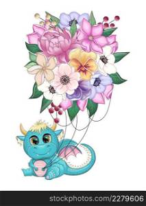 Green dragon and flying bouquet, new year card 2024 with dragon and flowers. Anemones, peonies, pansies, magnolia. 2024 New Year’s card template with dragon and flowers