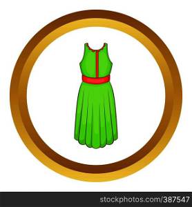 Green dress vector icon in golden circle, cartoon style isolated on white background. Green dress vector icon