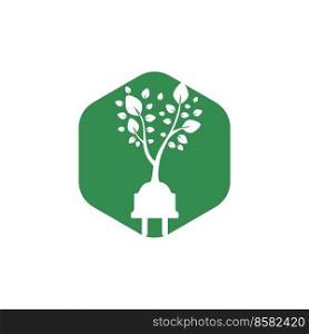Green e≠rgy e≤ctricity logo concept. E≤ctric plug icon with tree. 