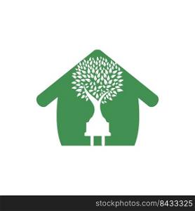Green e≠rgy e≤ctricity logo concept. E≤ctric plug icon with tree and home. 