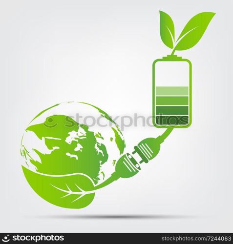 Green earth Concept Power plug leaves ecology battery emblem.Vector illustration