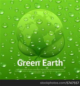 Green earth eco poster with globe leaves and water drops vector illustration