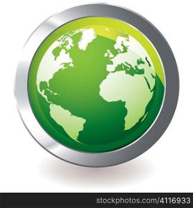 Green earth globe icon with silver metal bevel and shadow