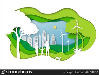 Green eco city with family love nature,paper art landscape in depth layer background,vector illustration