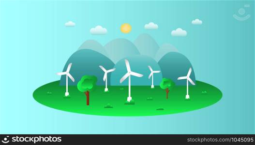Green eco concept - wind energy. Wind generators - vector illustration. Alternative power energy technology. Element of design or infographic. Template, banner, background.. Wind generators - vector illustration.