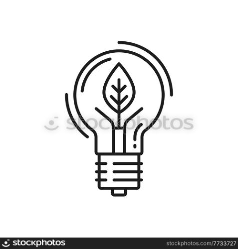 Green eco energy, bulb in shape of leaf, eco friendly environment thin line icon. Vector renewable energy source, lightbulb with leave, pure planet and save the Earth concept, renewable energy. Lightbulb in shape of leaf plant, eco environment