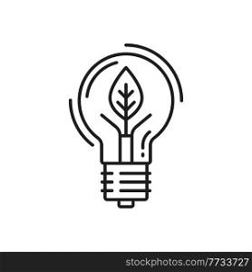 Green eco energy, bulb in shape of leaf, eco friendly environment thin line icon. Vector renewable energy source, lightbulb with leave, pure planet and save the Earth concept, renewable energy. Lightbulb in shape of leaf plant, eco environment