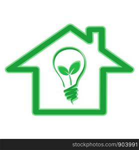 Green eco energy efficiency concept with house icon and light bulb with plant leaves, stock vector illustration