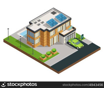 Green Eco House Isometric Illustration. Big modern green eco house with solar panels on roof beautiful tidy yard garage and swimming pool isometric vector illustration