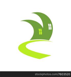 Green eco house made of leaves, isolated ecology friendly home. Vector logo in environment protection concept. Eco friendly house, save ecology logo