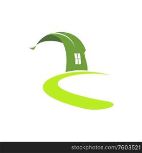 Green eco house made of leaves, isolated ecology friendly home. Vector logo in environment protection concept. Eco friendly house, save ecology logo