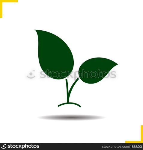 Green eco icon. Drop shadow ecology silhouette symbol. Growing plant with leaves. Vector isolated illustration. Green eco icon