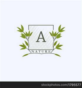 Green eco letters A logo with leaves in square shape. Initials with botanical elements with floral letter design for business identity