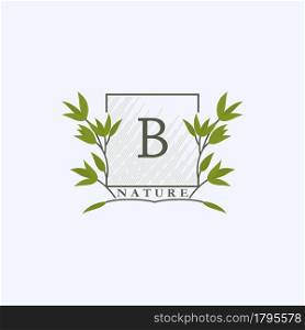 Green eco letters B logo with leaves in square shape. Initials with botanical elements with floral letter design for business identity
