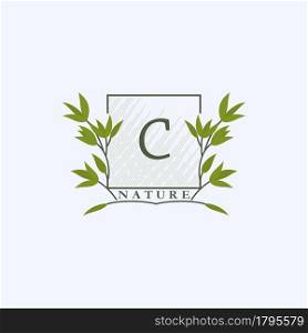 Green eco letters C logo with leaves in square shape. Initials with botanical elements with floral letter design for business identity