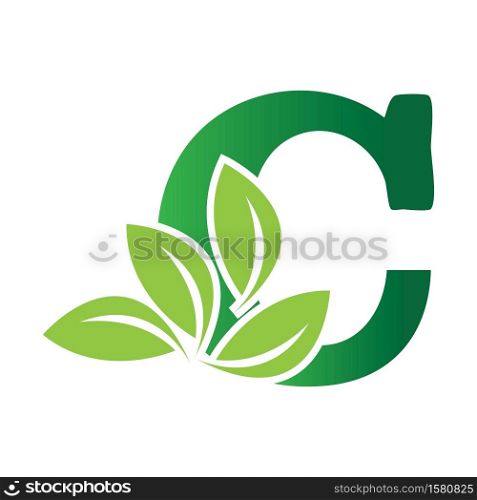 Green eco letters C logo with leaves. /symbol / alphabet / botanical / naturalLetter C eco leaves logo icon design template elements. Vector color sign.