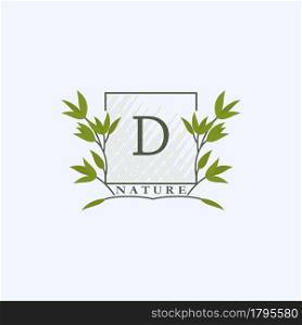 Green eco letters D logo with leaves in square shape. Initials with botanical elements with floral letter design for business identity