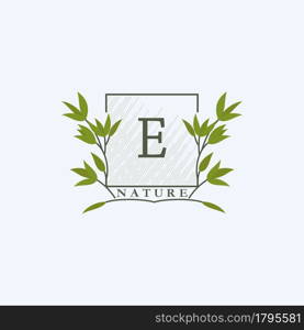 Green eco letters E logo with leaves in square shape. Initials with botanical elements with floral letter design for business identity